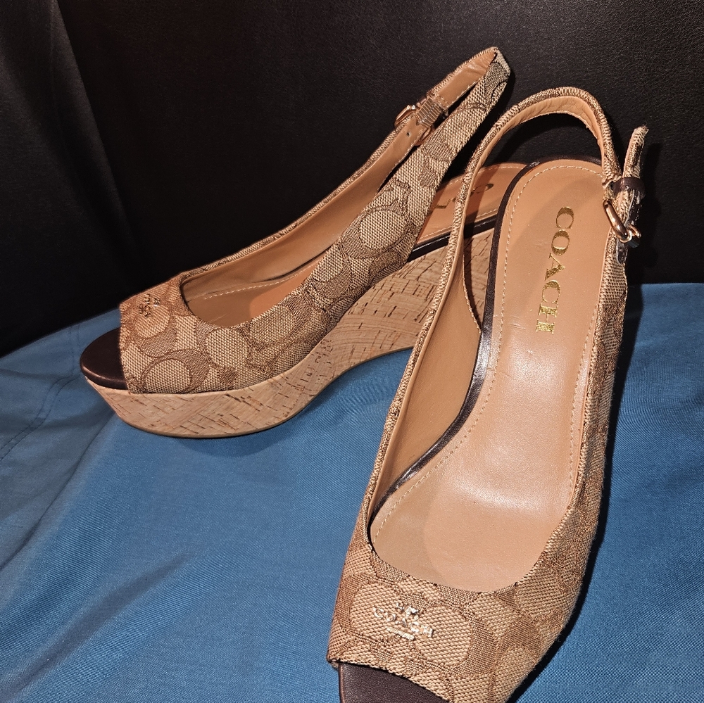 Coach Tan Patterned Wedge Shoes